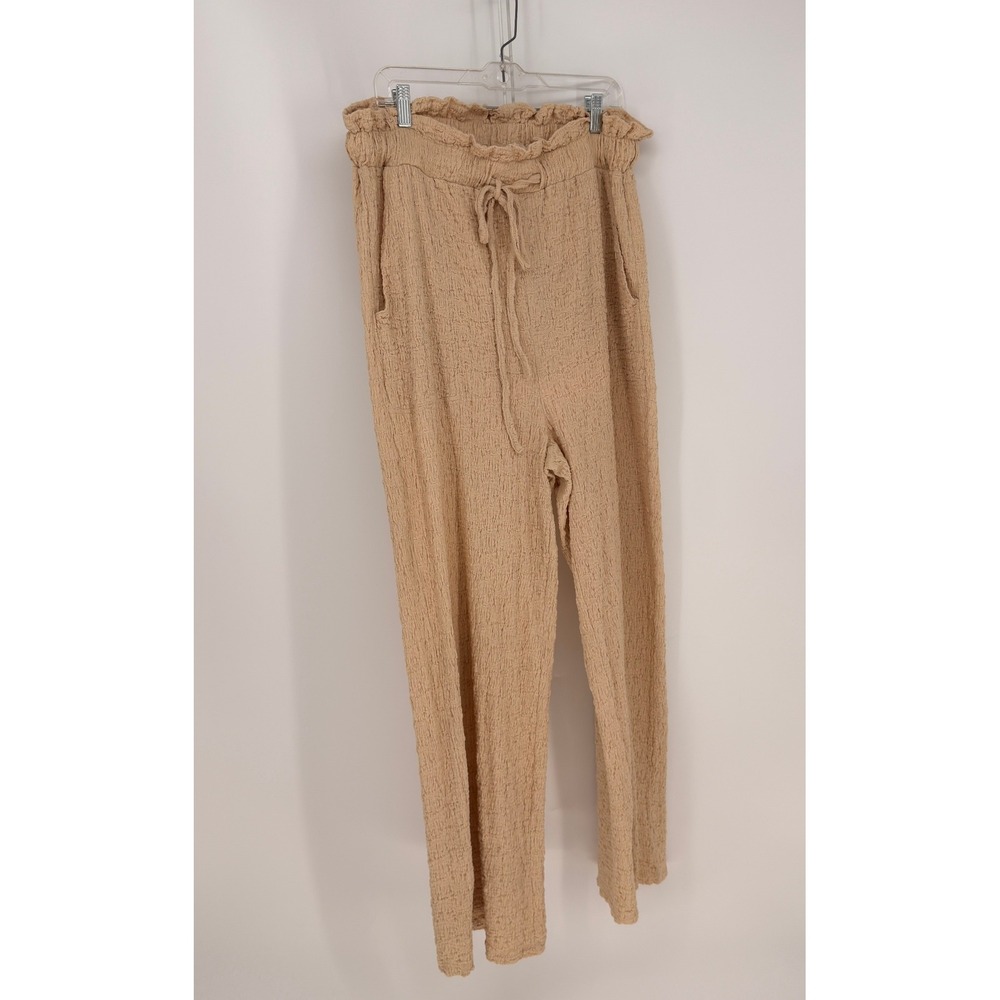 Easel Pants Women 2X Tan Textured Paperbag Waist Wide Leg Boho Coastal Vacation
